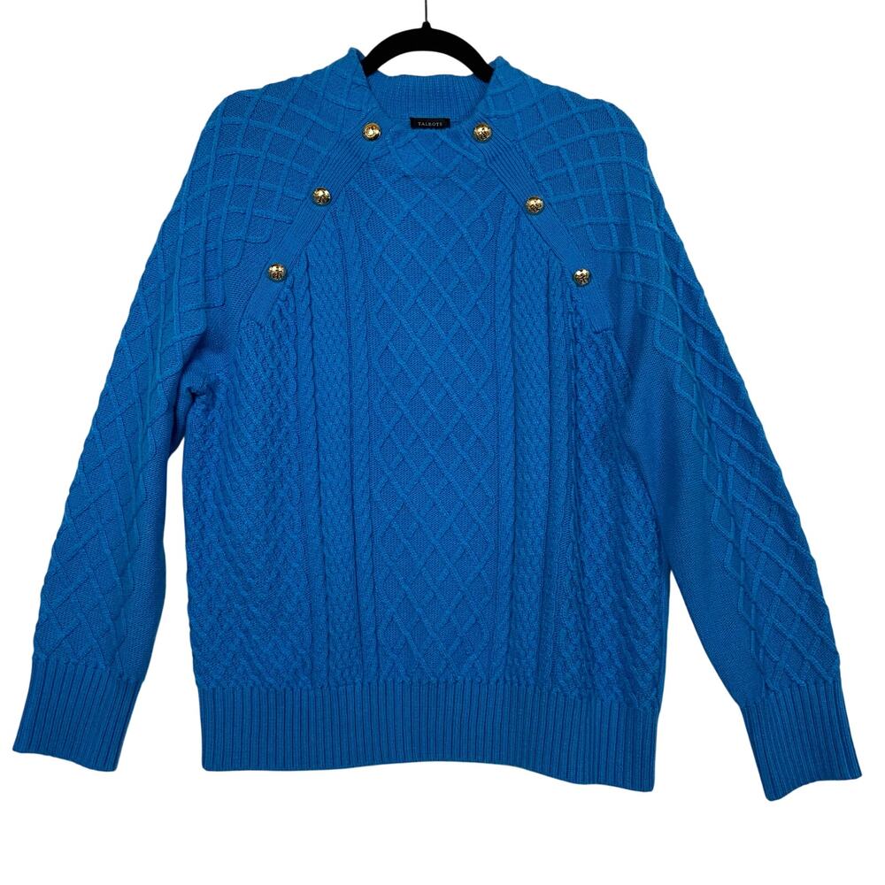 Talbots Women's Blue Mockneck Raglan Sleeve Cable Knit Sweater Size Large NWT - Picture 2 of 12